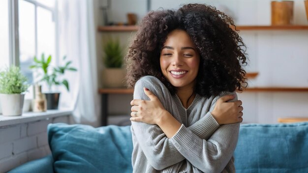 Photo woman embraces herself expresses self love and acceptance smiles happily wears casual jumper isolat