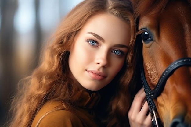Photo woman embracing her beloved horse in closeup portrait