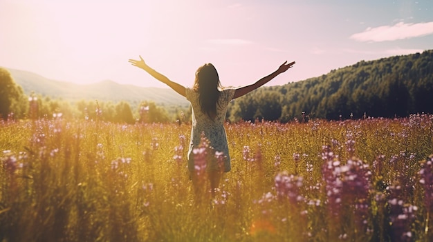 Woman embracing life standing outside in beautiful meadow with her arms raised high