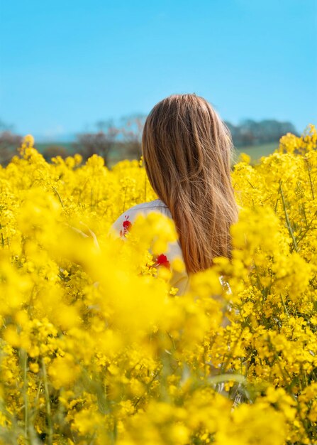 Woman in an embroidered shirt in a field of rapeseed against blue sky on spring day