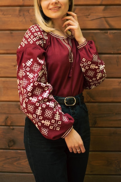 woman in a embroidered shirt
