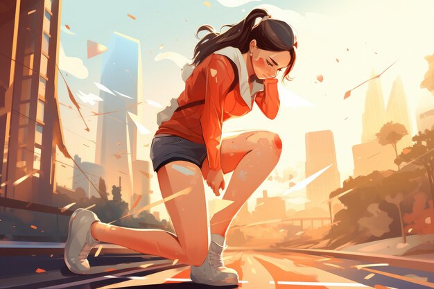 Photo a woman energetically runs down a bustling city street surrounded by towering buildings woman experiencing knee pain while running on the road health care concept ai generated