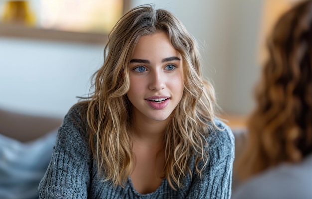 A woman engaged in conversation seated on a couch enjoying a friendly talk mental health acceptance concept