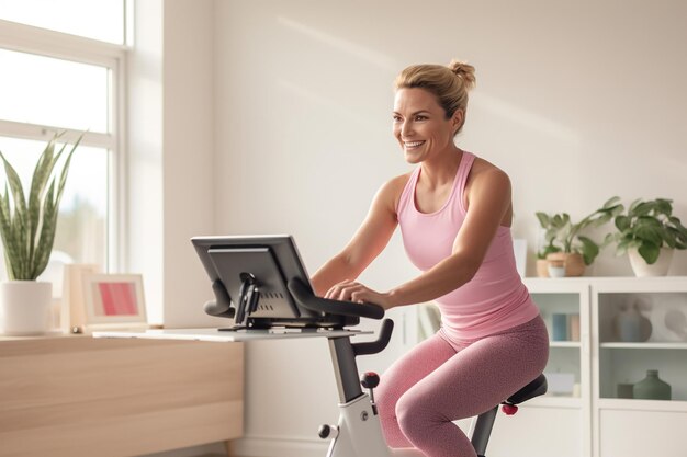 Woman engaging in an online fitness class with a stationary bike