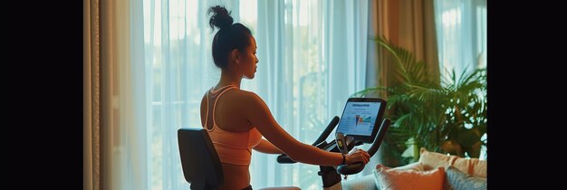 Photo woman engaging in an online fitness class with a stationary bike