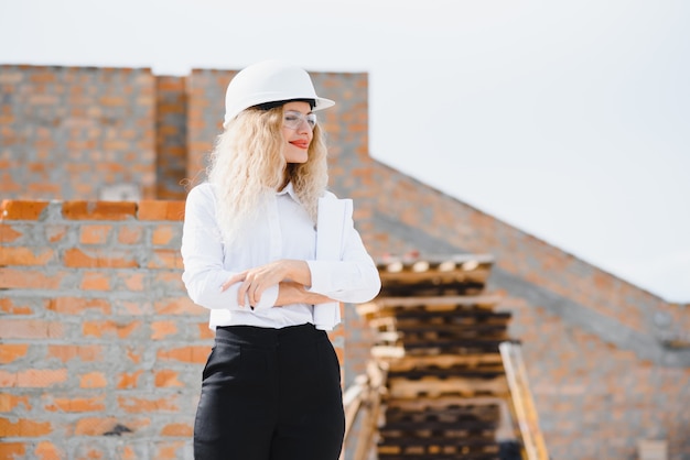 Woman Engineer look at Building Glass.