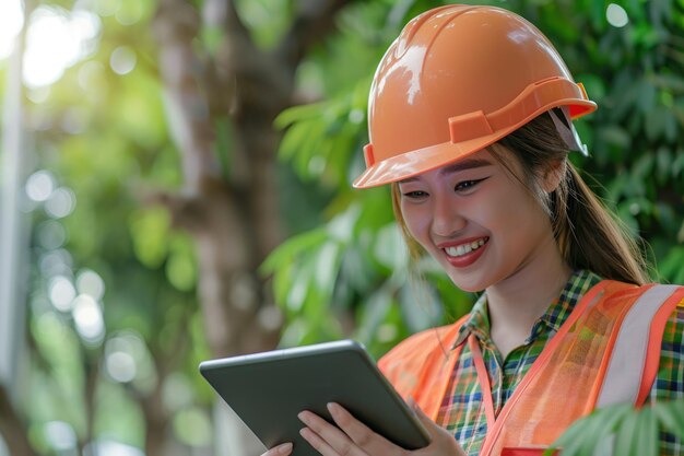 デジタルタブレットを使ってハードヘットをかぶった女性エンジニアが微笑んでいる