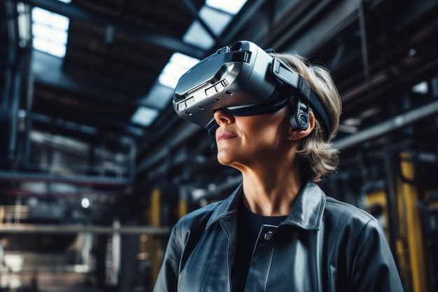 Photo woman engineer using vr headset in industrial factory