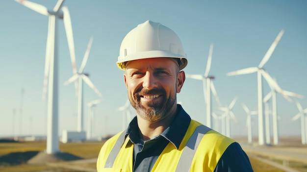 Woman Engineer in yellow hard hat at windmills power plant