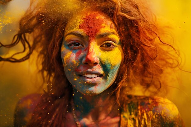 A woman engulfed in bursts of color at the Holi festival