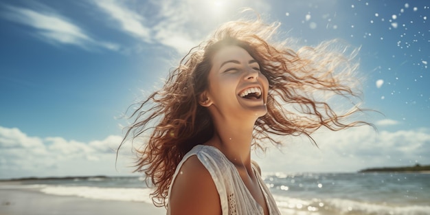 Foto la donna si diverte sulla spiaggia nelle vacanze estive