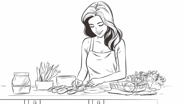 Woman enjoy making foods line art