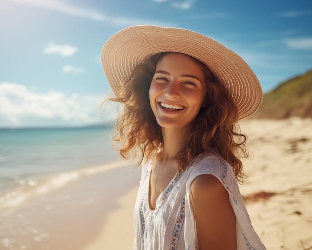 写真 浜辺で夏休みを楽しむ女性