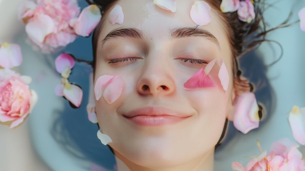 Woman Enjoying Aromatic Bath with Flower Petals Mindful Relaxation