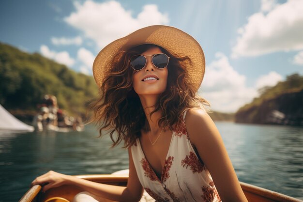 Woman Enjoying A Boat Ride On A Sunny Summer Generative AI