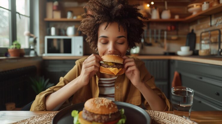Photo the woman enjoying burger