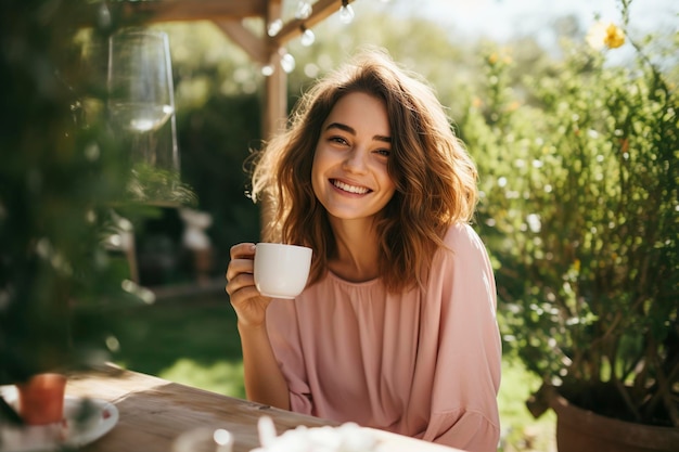 woman enjoying a cup of tea in the backyard