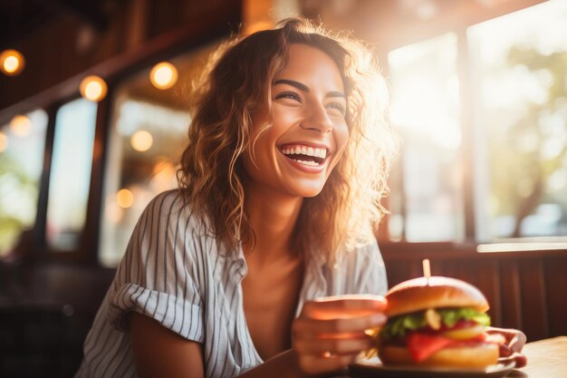 写真 美味しいハンバーガーを楽しんでいる女性