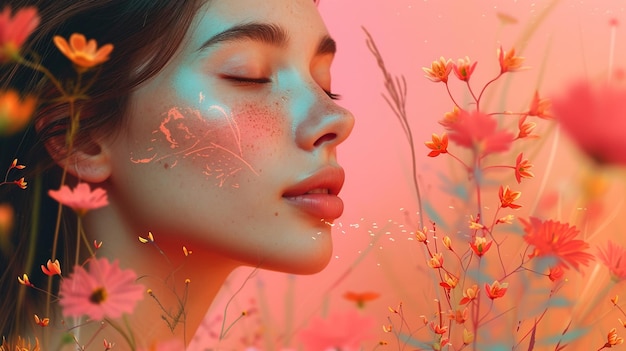 Woman Enjoying Flowers Scent Portrait