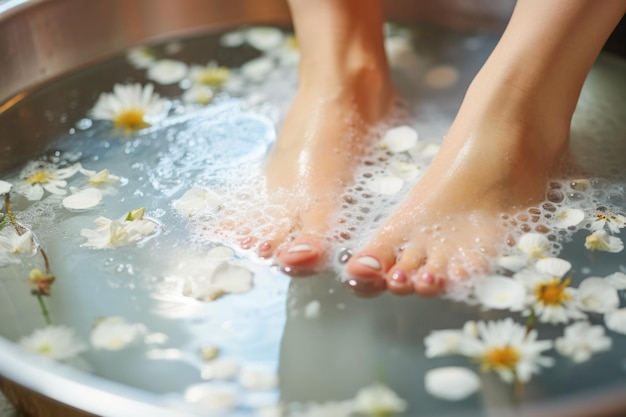 a woman enjoying a foot spa treatment complete with aromatic flowers and soothing water to enhance her wellbeing