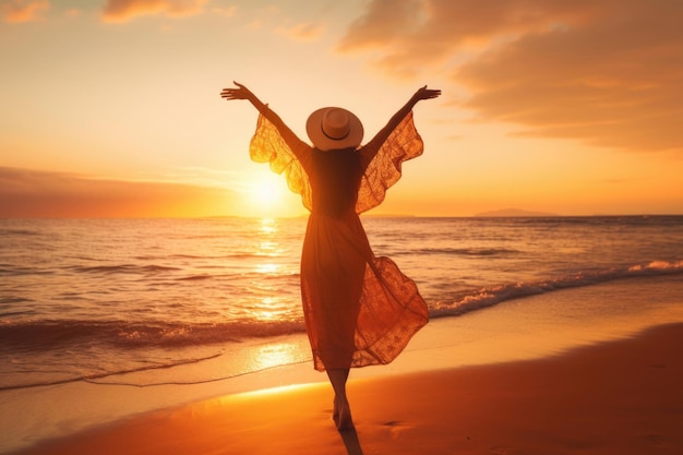 Woman enjoying freedom and happiness on beautiful beach at sunset