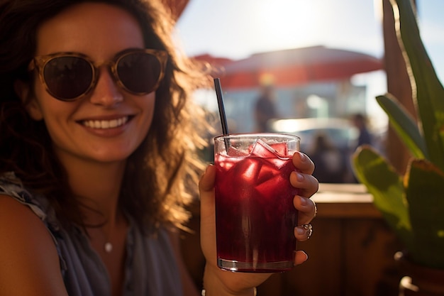 A woman enjoying a glass of cranberry juice on a sunny day