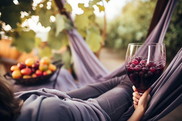 A woman enjoying a glass of grape juice in a sunlit garden