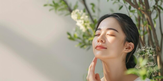 Photo a woman enjoying her skincare routine with a serum conveying a message of beauty and wellness