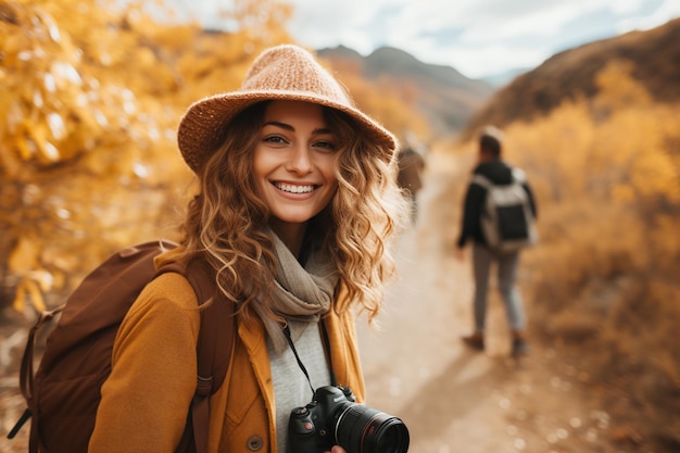 Woman enjoying hiking trip at the trail of a hill with golden trees Created with Generative AI technology