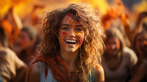 Woman enjoying the Holi celebration of colours in India xA