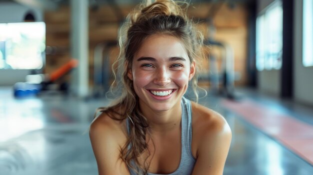 Woman Enjoying Laughter After Workout Session on Gym Floor Generative AI