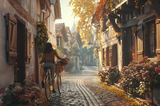 Photo woman enjoying a leisurely bike ride through a qua