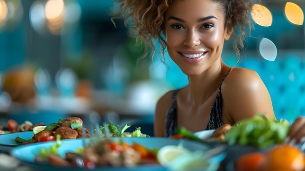Foto una donna che si gode un pasto a un tavolo concept dining experience godersi il cibo mettendo a tavola delizia culinaria pasto rilassante