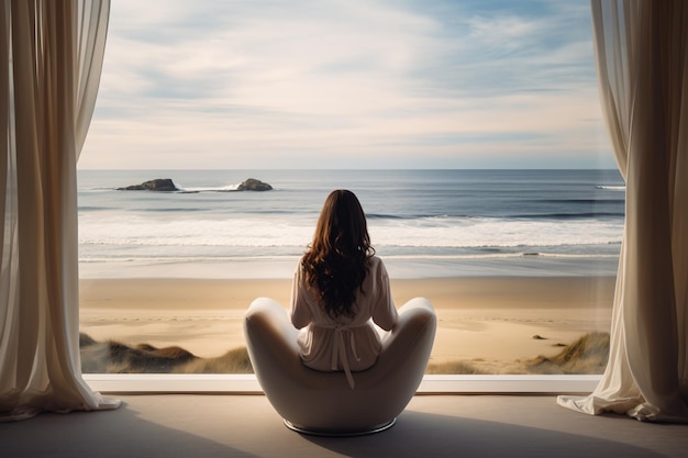 A woman enjoying the ocean view from a modern beach house