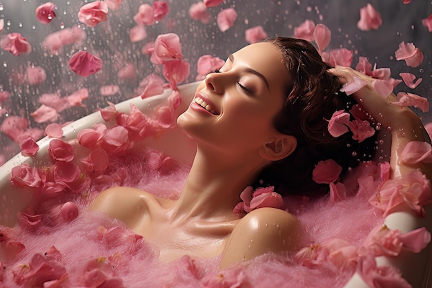 A woman enjoying a pink bubble bath with rose