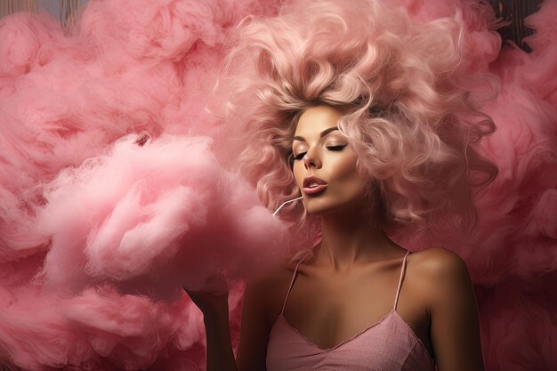 A woman enjoying a pink cotton candy treat