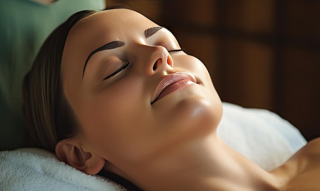 Woman enjoying a rejuvenating facial massage at a spa Closeup of a serene woman indulging in a therapeutic facial treatment Created with generative AI tools