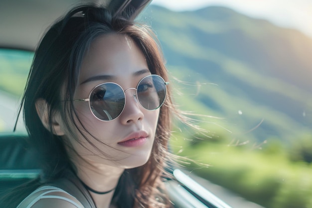 Woman Enjoying Road Trip with Mountain View with AI generated