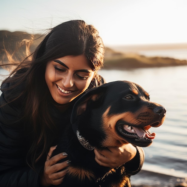 Woman enjoying a summer day at the beach with her rottweiler generative ai