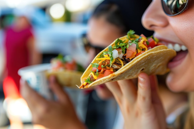 Photo woman enjoying a taco at a food truck