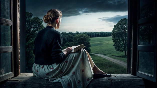 woman enjoying tranquil evening view from a wooden porch in a rural landscape during twilight hours