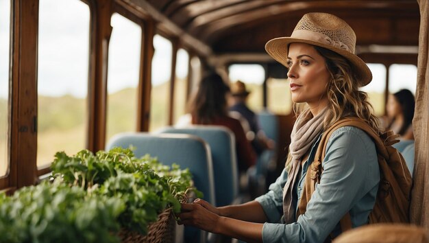 Foto una donna che si diverte a viaggiare con l'autobus locale