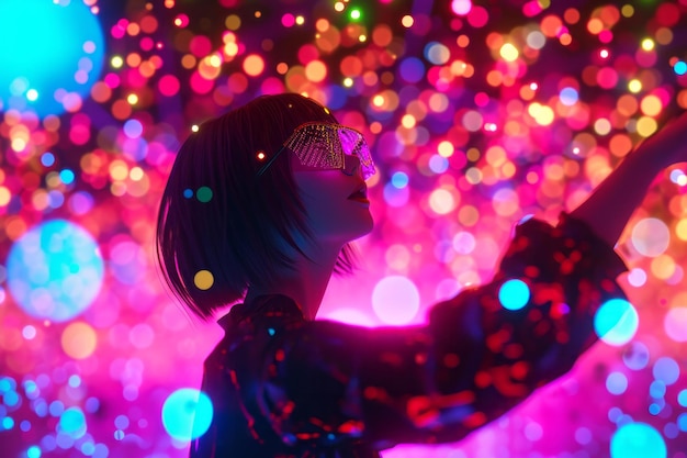 Woman enjoying a vibrant party atmosphere with colorful bokeh lights