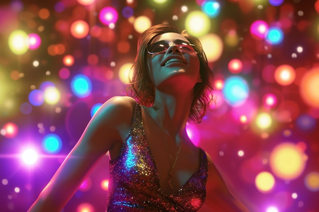 Woman enjoying a vibrant party atmosphere with colorful bokeh lights