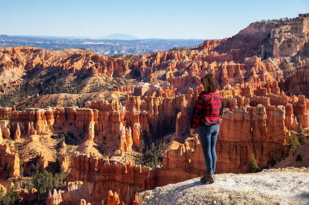 晴れた日にアメリカの風景の景色を楽しむ女性