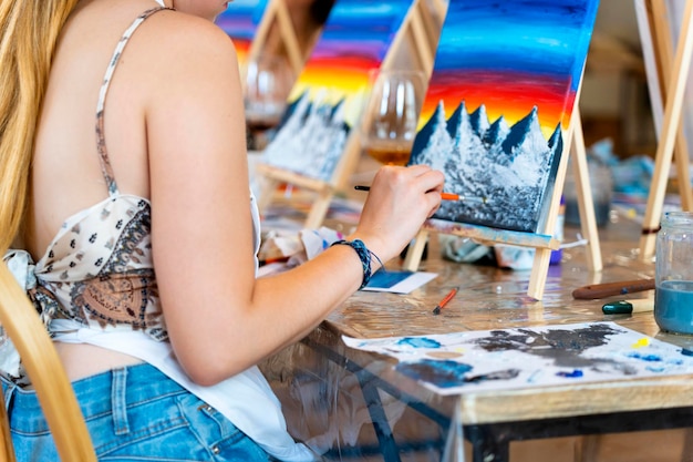 Woman Enjoying Wine and Art