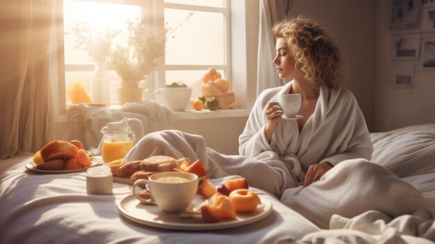 Woman enjoying with breakfast in bed nearly window looking to Beautiful sunset above sea