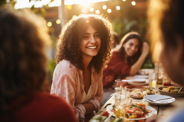 Photo woman enjoying with friends at outdoor dinner party