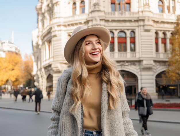 写真 街の中心部でのんびり散歩を楽しむ女性