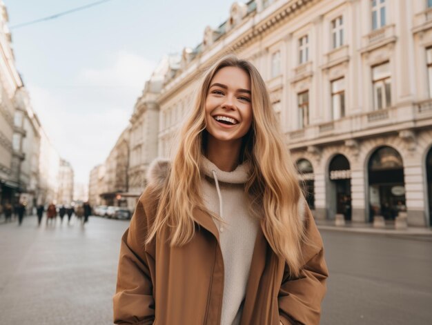 写真 街の中心部でのんびり散歩を楽しむ女性